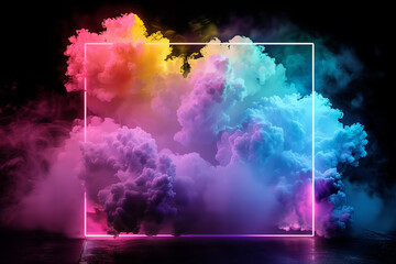 Neon Frame with Colorful Smoke Explosion on Dark Background – Ideal for Futuristic Designs, Creative Visuals, and Dynamic Projects