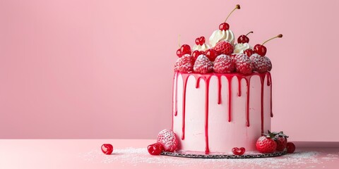 Elegant pink cake topped with cherries and raspberries. Perfect for bakery themes, dessert menus,...