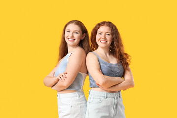 Happy redhead sisters on yellow background