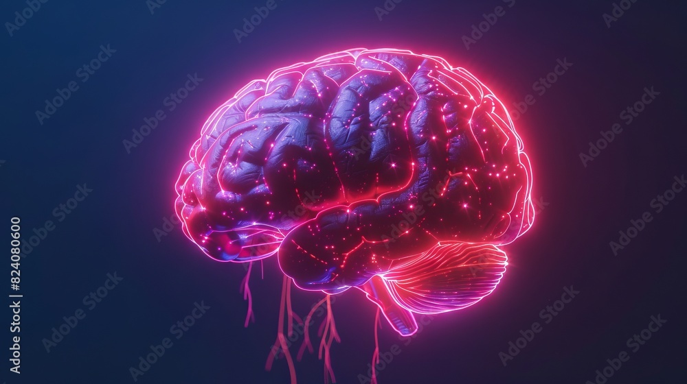 Poster digital art of neon glowing brain with neural connections on a dark background. illuminated brain wi