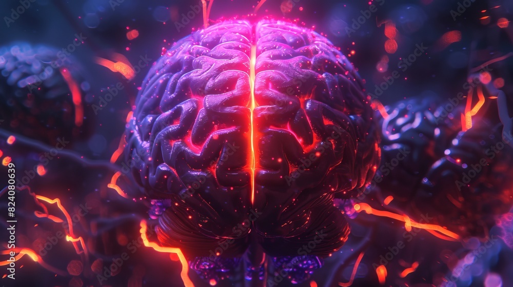 Poster digital art of neon glowing brain with neural connections on a dark background. illuminated brain wi
