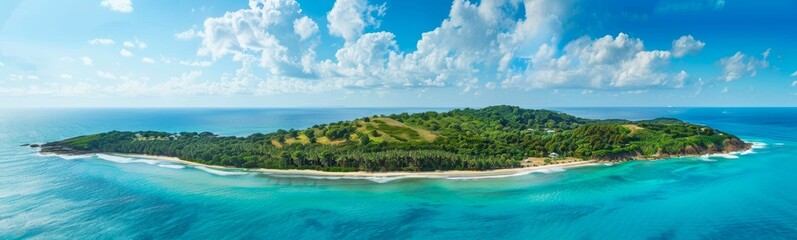 Panoramic aerial view of tropical island with lush green vegetation and turquoise waters. Ideal for travel, nature, and landscape concepts. Wide banner. Copy space