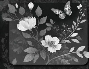 A painting featuring colorful flowers and delicate butterflies on black and white background