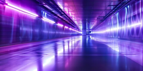 Dark neonlit underground warehouse with reflective floor and futuristic spaceship corridor. Concept Sci-fi Photoshoot, Futuristic Setting, Neon Lights, Spaceship Aesthetics, Underground Vibes