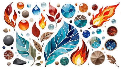 air fire earth five water natural illustration watercolor set elements abstract composition ether mosaic wave philosophy harmony ayurveda essence cloud sky flames star element heaven bird fish acorn