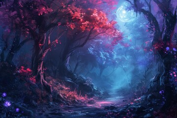 Mystical digital artwork of a moonlit path through a vibrant, enchanted forest
