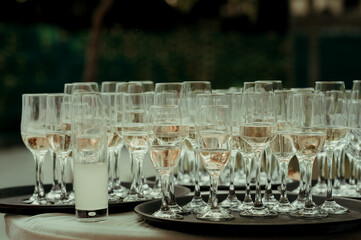 A collection of wine glasses, neatly arranged on a table. The glasses vary in size, with most being...