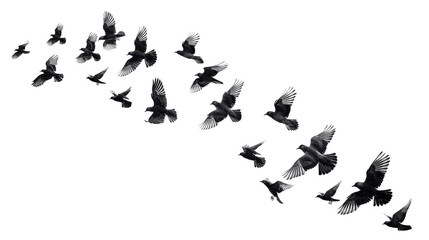 flock of birds flying in formation isolated on white background