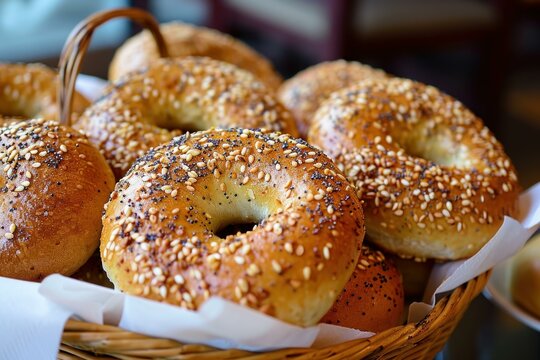Close-up of freshly baked bagels with sesame seeds in a wicker basket