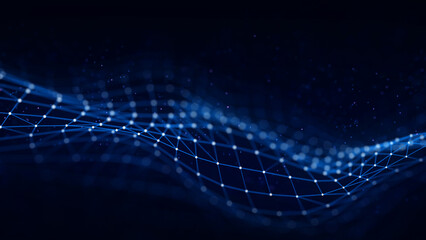 Abstract blue technology wave with dots and lines. Flow of particles. Big data transfer visualization. 3d rendering.