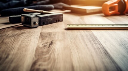 A woodworking table with tools and a ruler on it