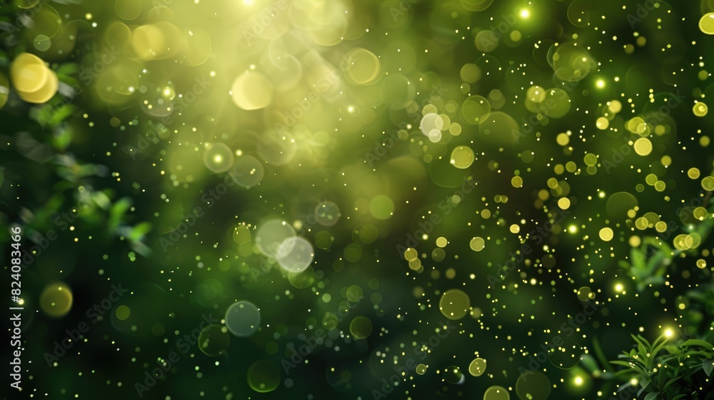Poster spring themed green abstract background with blurred bokeh particles or glitter lights