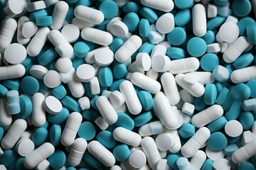A pile of blue and white pills