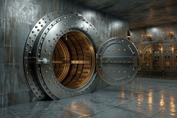 3d rendering of an open metallic bank vault door in a concrete room