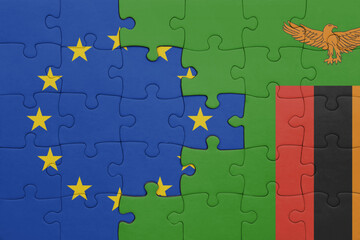 puzzle with the colourful national flag of zambia and flag of european union.