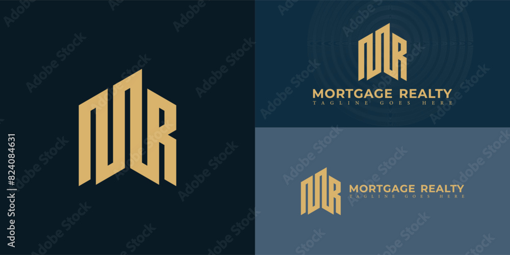 Poster abstract initial hexagon letter mr or rm logo in gold color isolated on multiple background colors. 