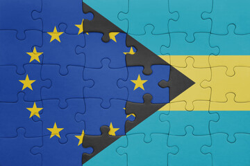puzzle with the colourful national flag of bahamas and flag of european union.