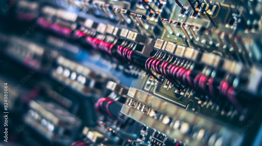 Poster abstract blurred detail of an electronic circuit board with selective focus on components and connec