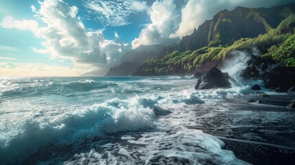 beautiful mountain landscape with high waves on a sunset in high resolution