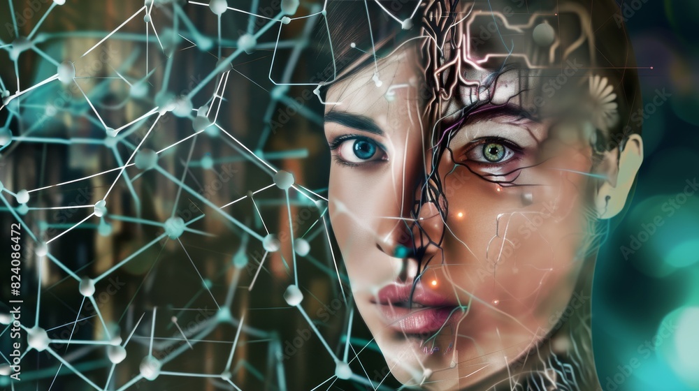 Poster a digital rendition of a woman with a network interface for a brain, illustrating the intersection o