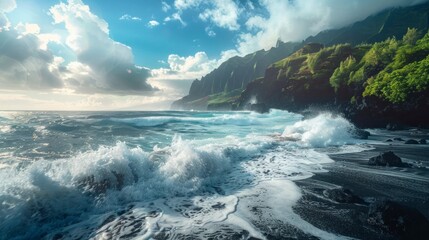 beautiful landscape mountains with high waves on a sunset