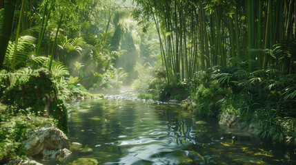 Arafed view of stream in lush bamboo forest suitable for naturethemed designs, environmental concepts, relaxation content, and travel brochures. - Powered by Adobe