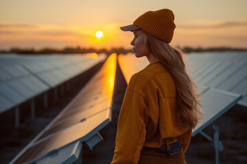 Young Woman Observing Solar Panels at Sunset