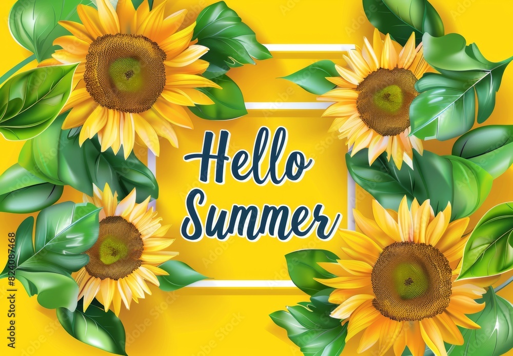 Poster summer background with sunflowers and text 