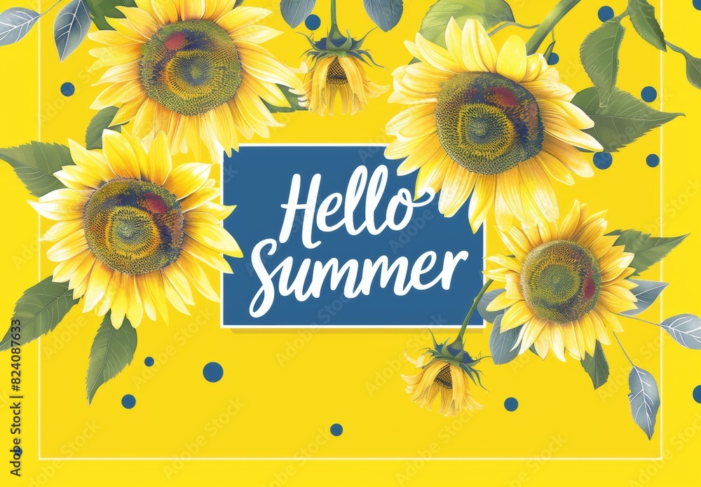 Poster hello summer template with sunflowers and text 