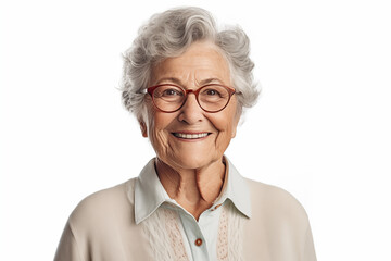 Fototapeta premium Smiling senior white woman on white background. Topics related to old age. Retirement home. Retirement. Image for Graphic Designer. Senior residence. AI.