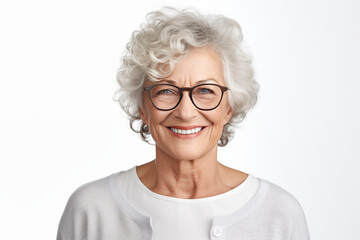 Smiling senior white woman on white background. Topics related to old age. Retirement home. Retirement. Image for Graphic Designer. Senior residence. AI.