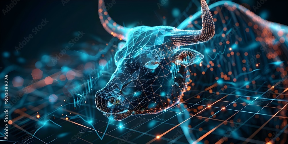 Poster digital bull stock market graph on futuristic grid background artistic rendering. concept technology