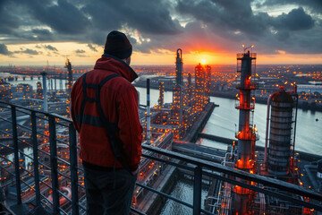A man in a red jacket stands on a bridge overlooking a city with a sunset in the - Powered by Adobe