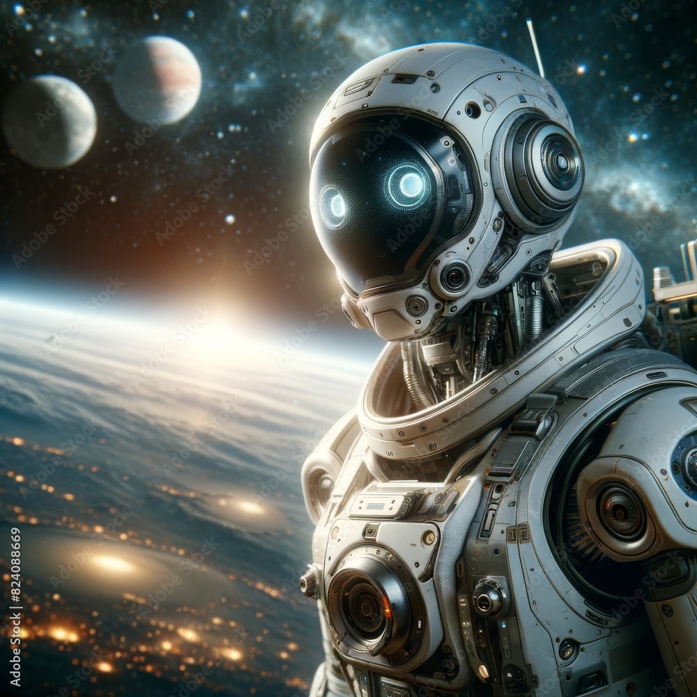 Poster a high-resolution image featuring a humanoid robot astronaut with intricate detailing, gazing upon e