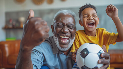 Joyful grandfather and grandson celebrating soccer victory