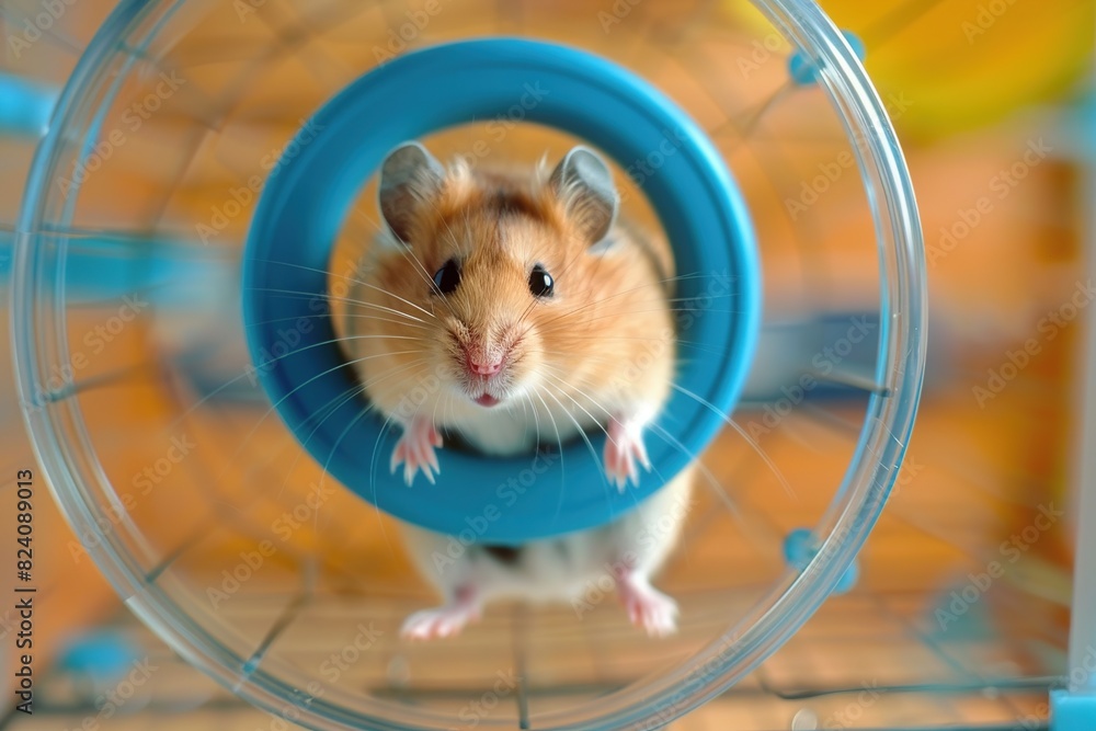 Sticker A hamster running on a wheel in its cage, reflecting the popularity of small rodents as low-maintenance and interactive pets