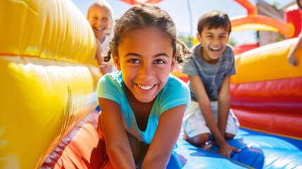 Joyful children playing in a bouncy castle - Powered by Adobe