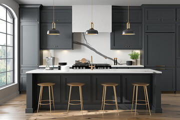 Spacious Kitchen With Center Island and Bar Stools