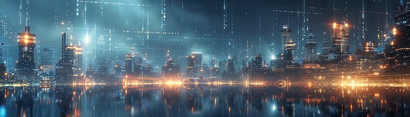 Expansive shot of a high-tech infrastructure, data streams flowing seamlessly through interconnected pipelines, photorealistic CG rendering, intricate details, night-time setting