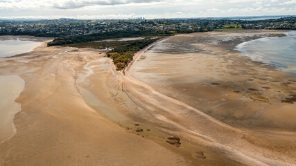 Aerial View from the Beach, Green Trees, City Streets and Waves - Tahuna Torea, Bucklands Beach View in New Zealand - Auckland Area	