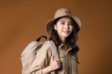 Young Asian woman in safari outfit with backpack, ready for adventure against brown background.