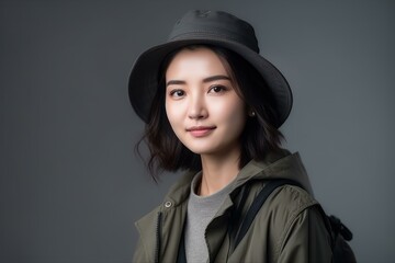 Young Korean woman in casual outdoor attire with bucket hat and backpack against neutral background