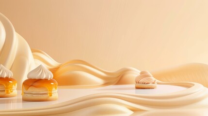  Dessert art with caramel and whipped cream pastries on flowing creamy background for premium food presentation