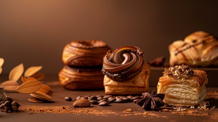  Gourmet pastries with coffee beans and spices on brown background for bakery, dessert, and culinary themes