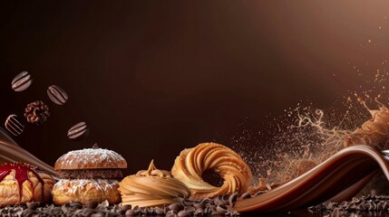  Assortment of delicious pastries and chocolates with dynamic cocoa background explosion for cafe advertising.