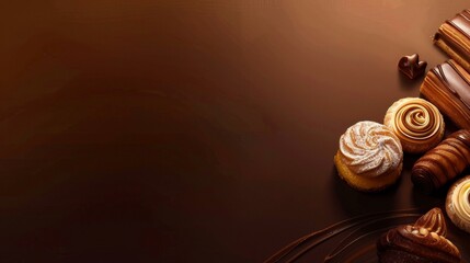  Assorted gourmet chocolate desserts on brown background with copy space for marketing and advertising campaigns