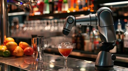 The picture of the robot that working as the bartender at the bar also serving the beverage or cocktails, the bartender require skill ingredient knowledge, menu development and flavor pairing. AIG43.