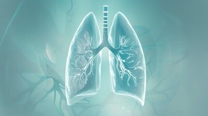 A photograph of a simple background with a halogram projection of the lungs and respiratory system, which demonstrates their functioning and the effects of various factors on the body, providing an