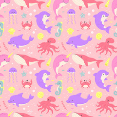 Fototapeta premium Ocean animals seamless cartoon pink pattern. Background pattern with dolphin, crab, jellyfish, seahorse, killer whale, narwhal.