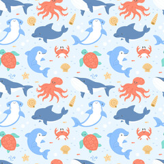 Ocean animals seamless cartoon blue pattern. Background pattern with dolphin, crab, whale, turtle, octopus, shark, killer whale.